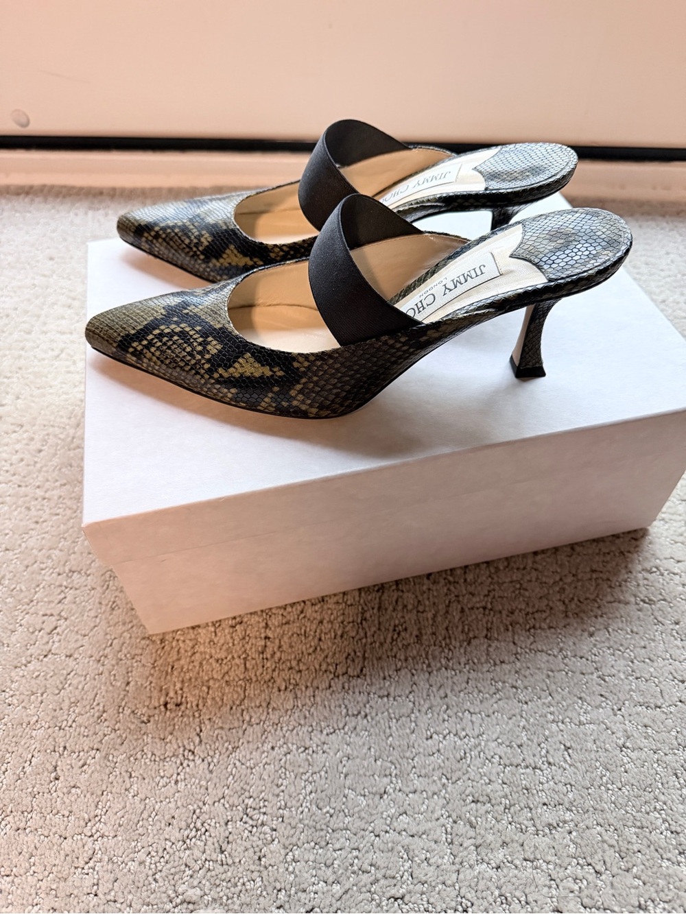 Jimmy Choo olive and black snake-print leather heels